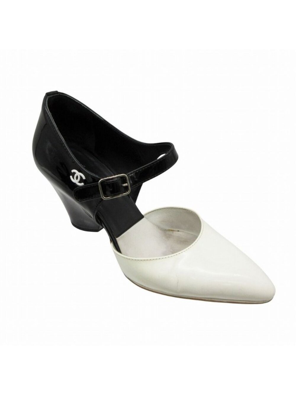 Chanel Pumps Patent Leather Two-tone Bicolor CC Logo Ankle Strap Shoes White